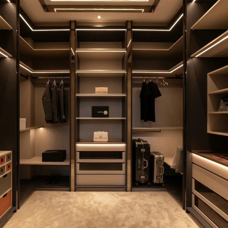 Closet em tons escuros com prateleiras e gavetas iluminadas por LED